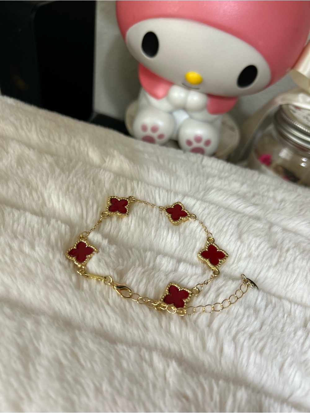 Gold Bracelet with Red Clover Motifs - Women's Jewelry